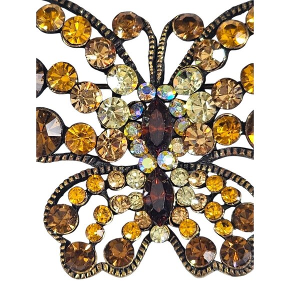 Vintage Butterfly Brooch Amber Yellow Rhinestone Gold Tone Statement Pin - Picture 3 of 6